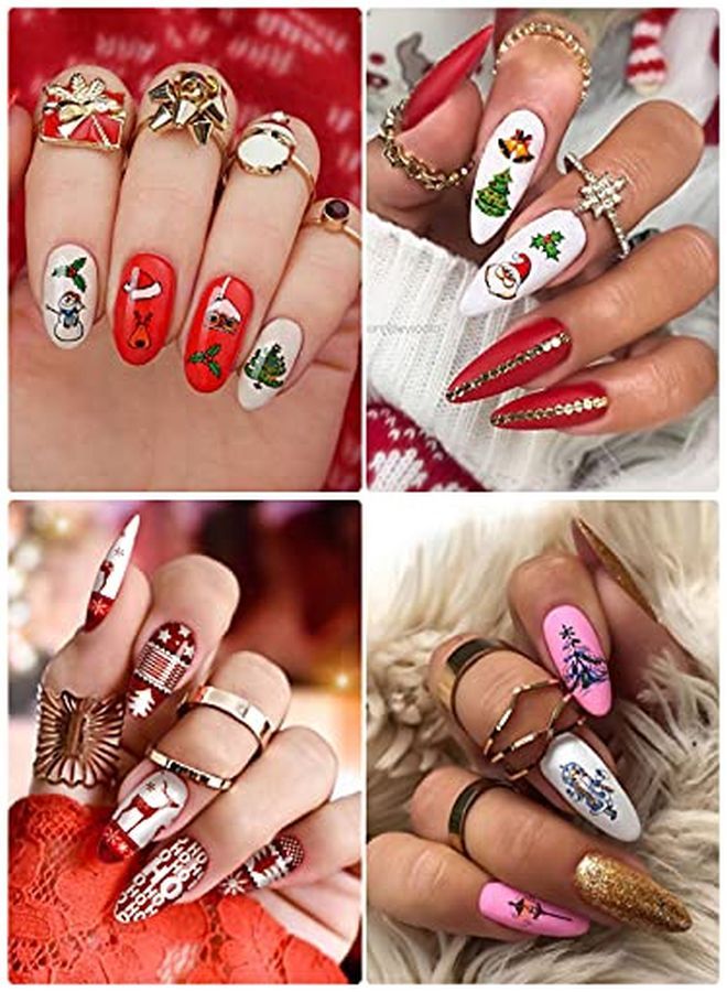 72 Sheets Christmas Nail Art Stickers Decals, Adhesive Water Transfer Nail Decals Snowflake Santa Claus Reindeer Christmas Bell Socks Design For Women Girls Diy Nail Manicure Decoration