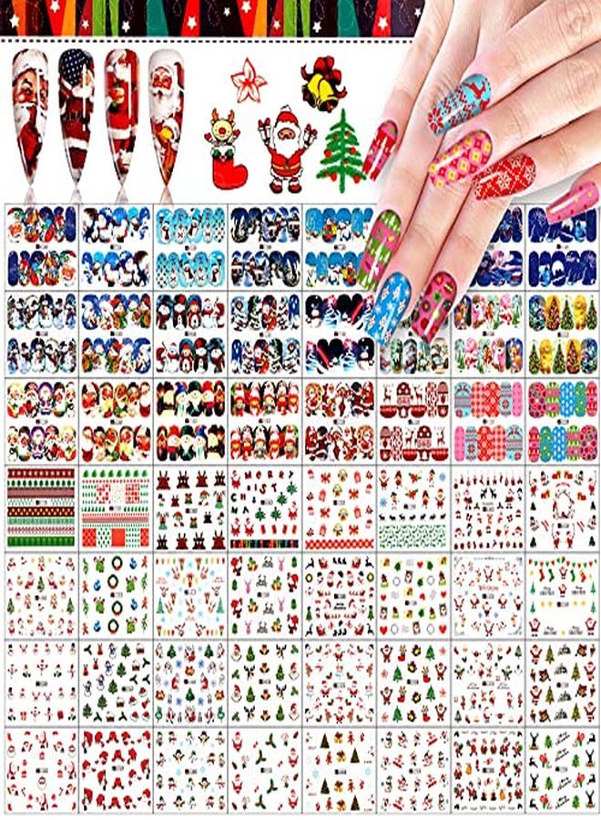 72 Sheets Christmas Nail Art Stickers Decals, Adhesive Water Transfer Nail Decals Snowflake Santa Claus Reindeer Christmas Bell Socks Design For Women Girls Diy Nail Manicure Decoration