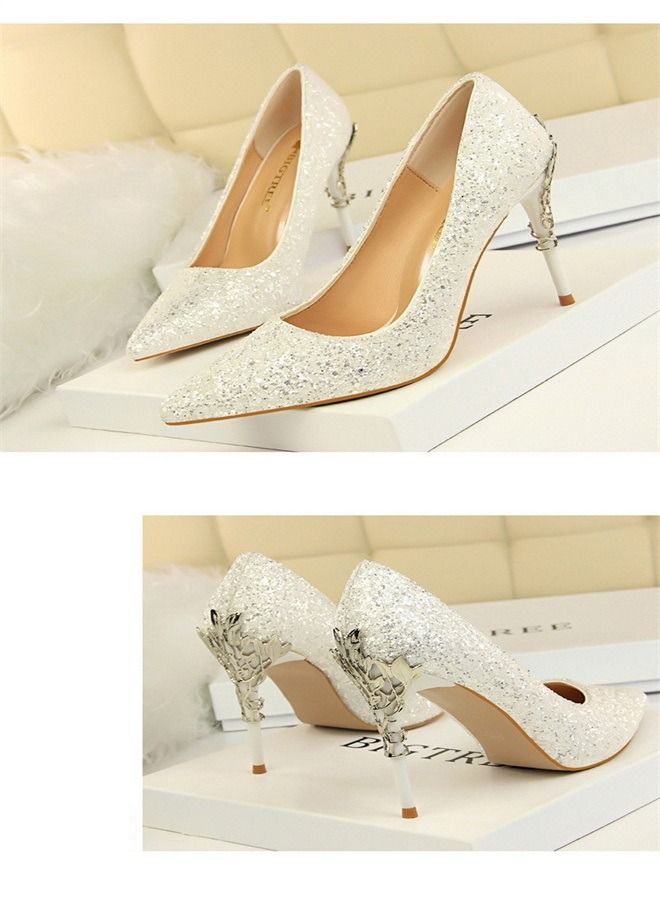 Shallow Pointed Sequin High Heels 9.5CM White