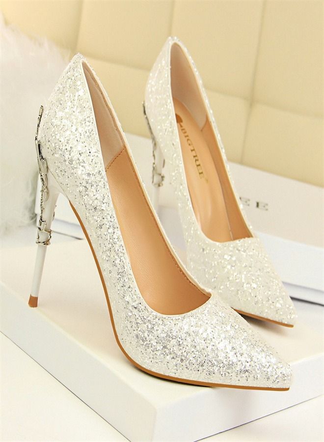 Shallow Pointed Sequin High Heels 9.5CM White