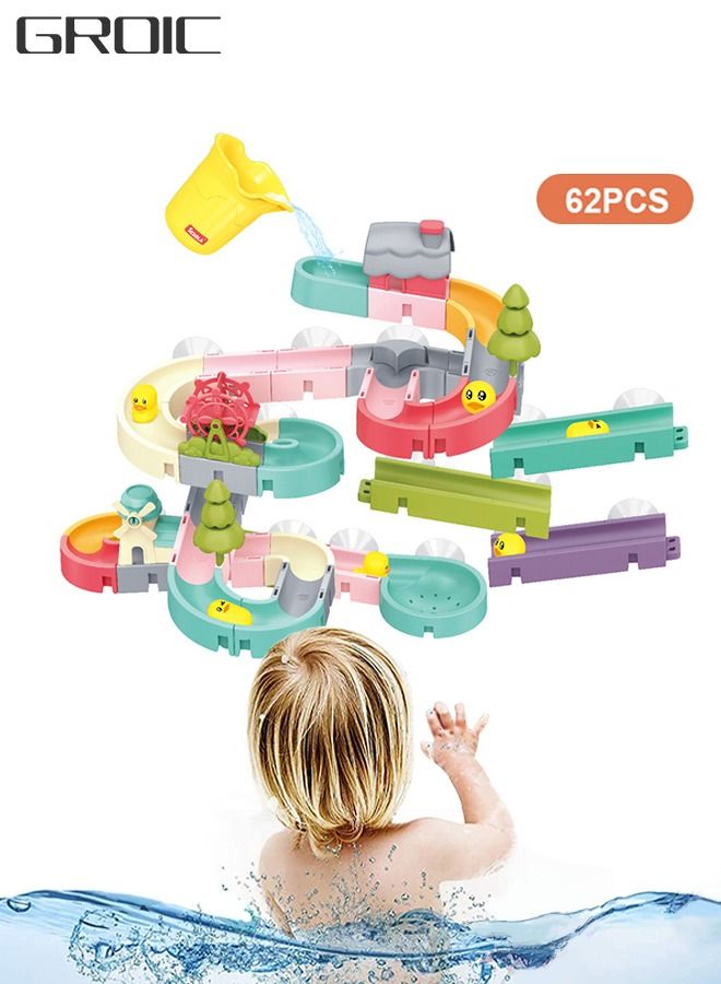 62 Pcs Kids Bath Toys Duck Slide Splash Smile Water Ball Track Stick to Wall Bathtub Toy for Toddlers DIY Waterfall Pipe and Tubes Tub Toys with Suction Wheels Gift for Boys Girls
