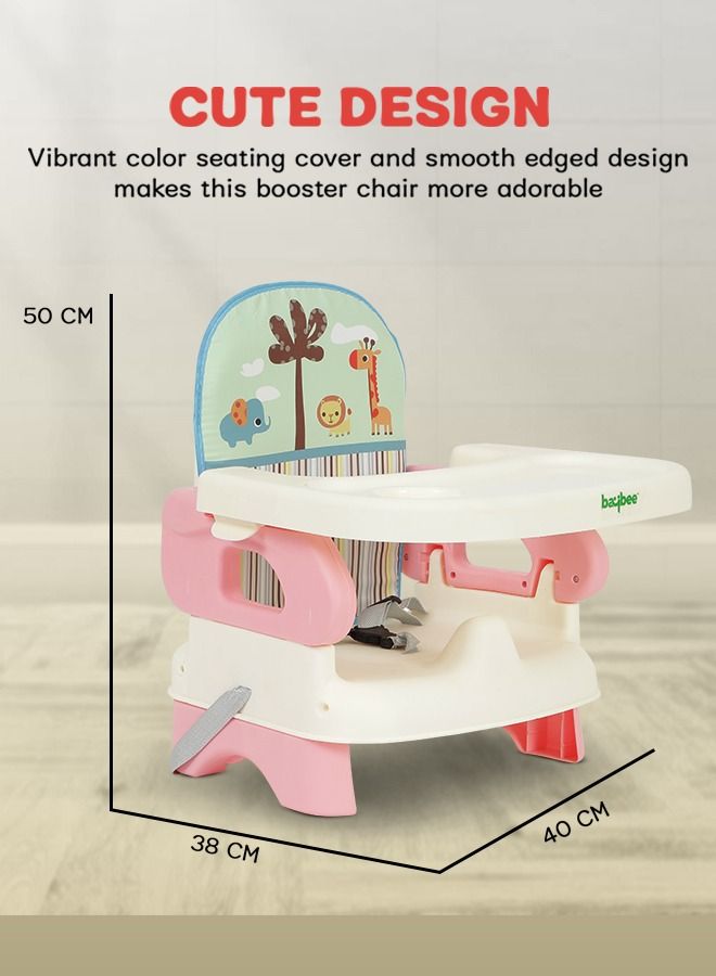 Baybee Booster Seat for Feeding Baby Food Chair with Removable Dining Tray Comfortable Folding Seat 3 Point Safety Harness for Toddlers 1 to 3 Years Pink