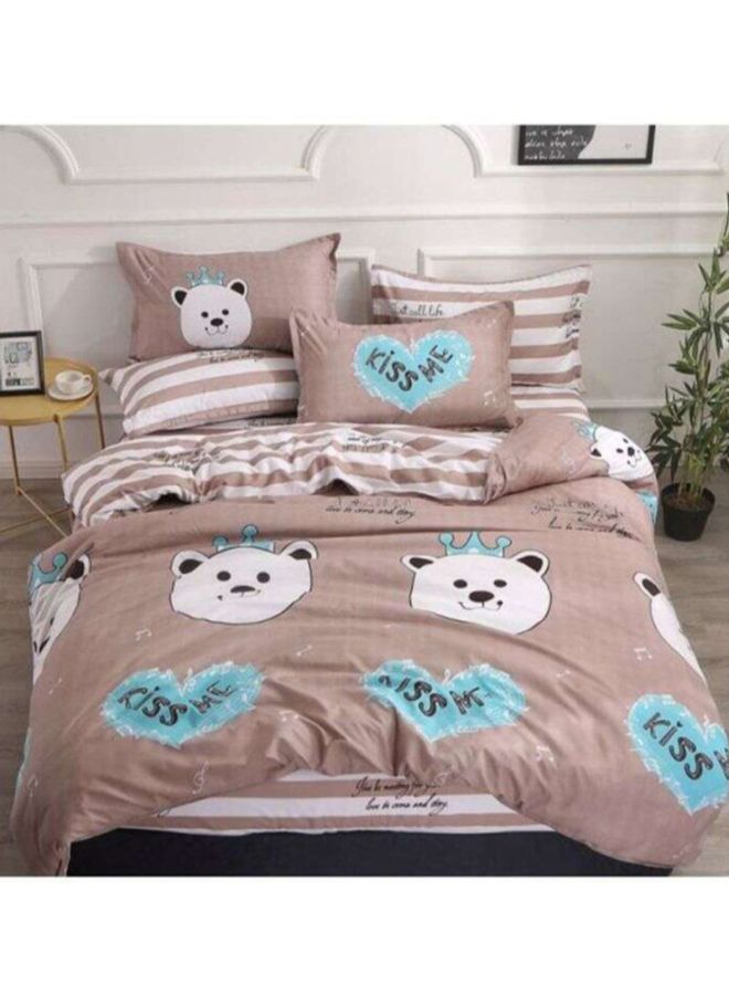 4-Piece Printed Duvet Cover Set Polyester Brown/White/Blue Duvet Cover 200x230 cm, Pillowcases 48x74 cm, Fitted Sheet 230x250cm