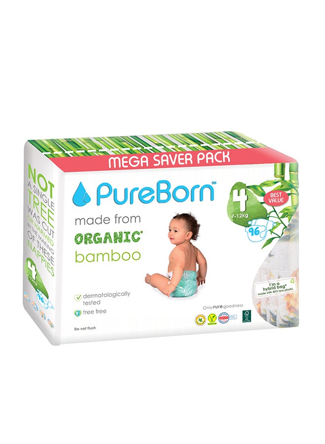 Organic Bamboo Baby Diapers, Size 4, 7 - 12 Kg, 96 Count - Mega Saver Pack, Grapefruit