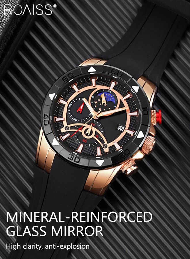 Men's Silicone Strap Quartz Watch, Analog Display Round Shape Dial Chronograph Watch with Moon Phase Function, Waterproof Casual Watch as Gift for Men