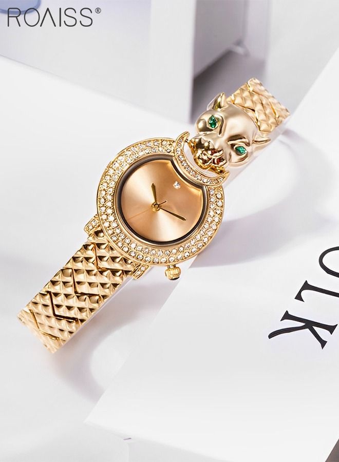 Women's Gold Bracelet Quartz Watch, Analog Display Round Gold Dial Watch Decorated with Leopard Head Pattern and Rhinestones, Waterproof Retro Watch as Gift for Women