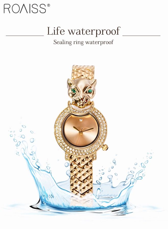 Women's Gold Bracelet Quartz Watch, Analog Display Round Gold Dial Watch Decorated with Leopard Head Pattern and Rhinestones, Waterproof Retro Watch as Gift for Women