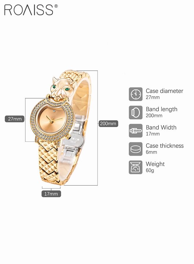 Women's Gold Bracelet Quartz Watch, Analog Display Round Gold Dial Watch Decorated with Leopard Head Pattern and Rhinestones, Waterproof Retro Watch as Gift for Women