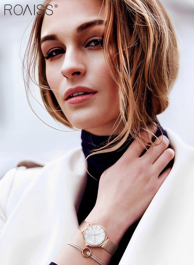 Women's Mesh Strap Quartz Watch, Analog Display Round White Dial Watch with Rhinestones Decoration, Waterproof Elegant Watch as Gift for Women