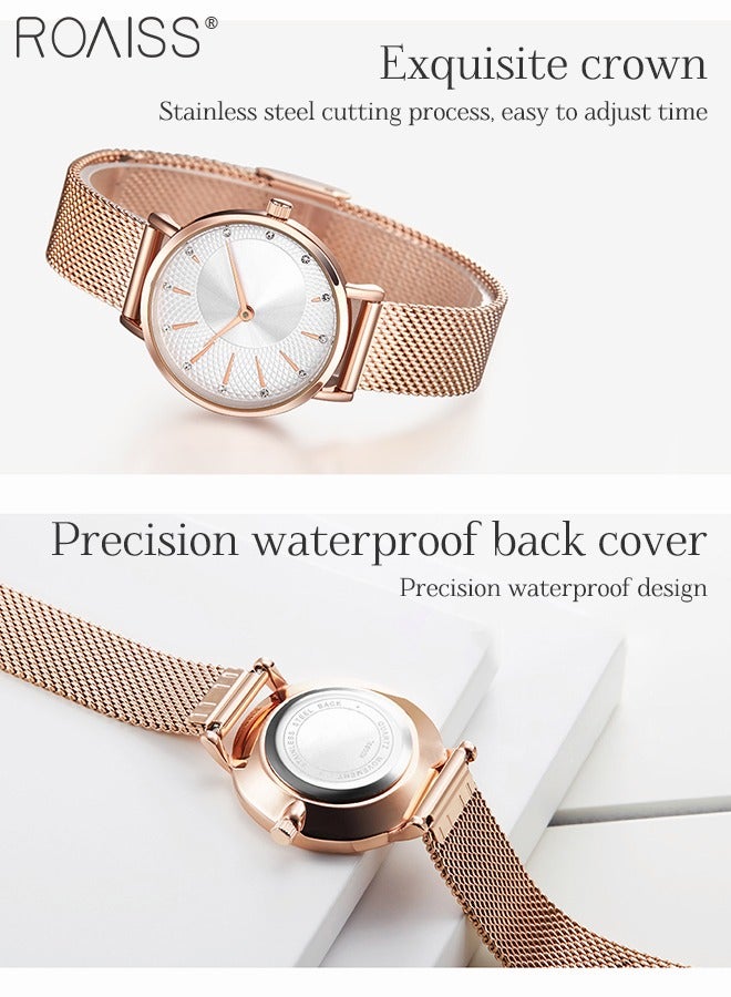 Women's Mesh Strap Quartz Watch, Analog Display Round White Dial Watch with Rhinestones Decoration, Waterproof Elegant Watch as Gift for Women