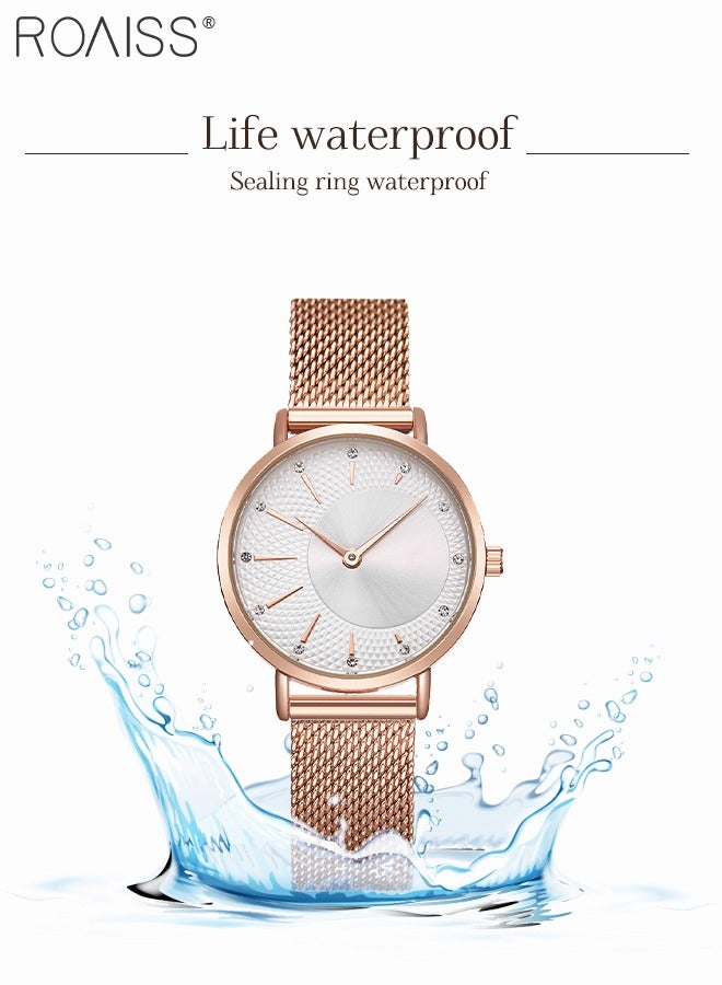 Women's Mesh Strap Quartz Watch, Analog Display Round White Dial Watch with Rhinestones Decoration, Waterproof Elegant Watch as Gift for Women