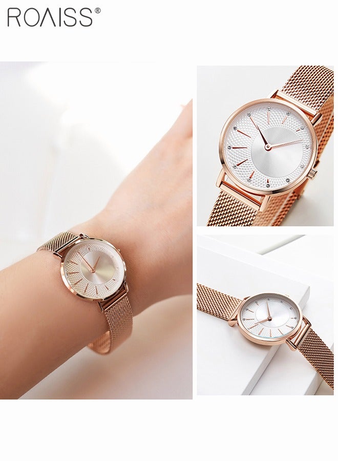 Women's Mesh Strap Quartz Watch, Analog Display Round White Dial Watch with Rhinestones Decoration, Waterproof Elegant Watch as Gift for Women