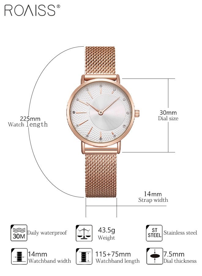 Women's Mesh Strap Quartz Watch, Analog Display Round White Dial Watch with Rhinestones Decoration, Waterproof Elegant Watch as Gift for Women