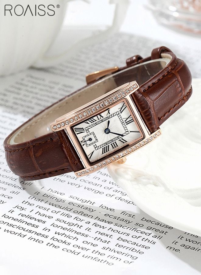 Women's Leather Strap Quartz Watch, Analog Display Rectangle Dial Watch with Rhinestones Decoration, Waterproof Retro Watch as Gift for Women