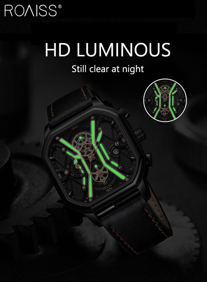 Men's Leather Strap Quartz Watch, Analog Display Square Shape Black Dial Chronograph Watch with Mechanical Hollow Design, Waterproof Luminous Watch as Gift for Men