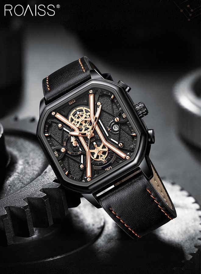 Men's Leather Strap Quartz Watch, Analog Display Square Shape Black Dial Chronograph Watch with Mechanical Hollow Design, Waterproof Luminous Watch as Gift for Men