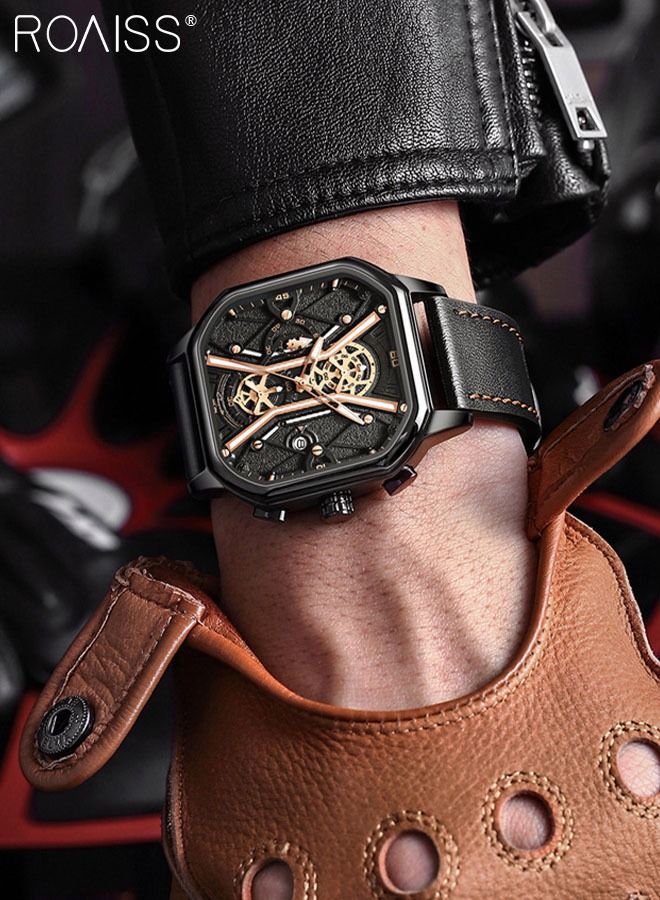 Men's Leather Strap Quartz Watch, Analog Display Square Shape Black Dial Chronograph Watch with Mechanical Hollow Design, Waterproof Luminous Watch as Gift for Men