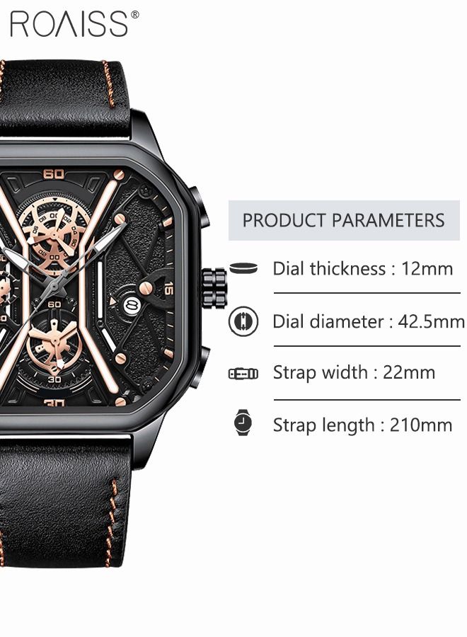 Men's Leather Strap Quartz Watch, Analog Display Square Shape Black Dial Chronograph Watch with Mechanical Hollow Design, Waterproof Luminous Watch as Gift for Men