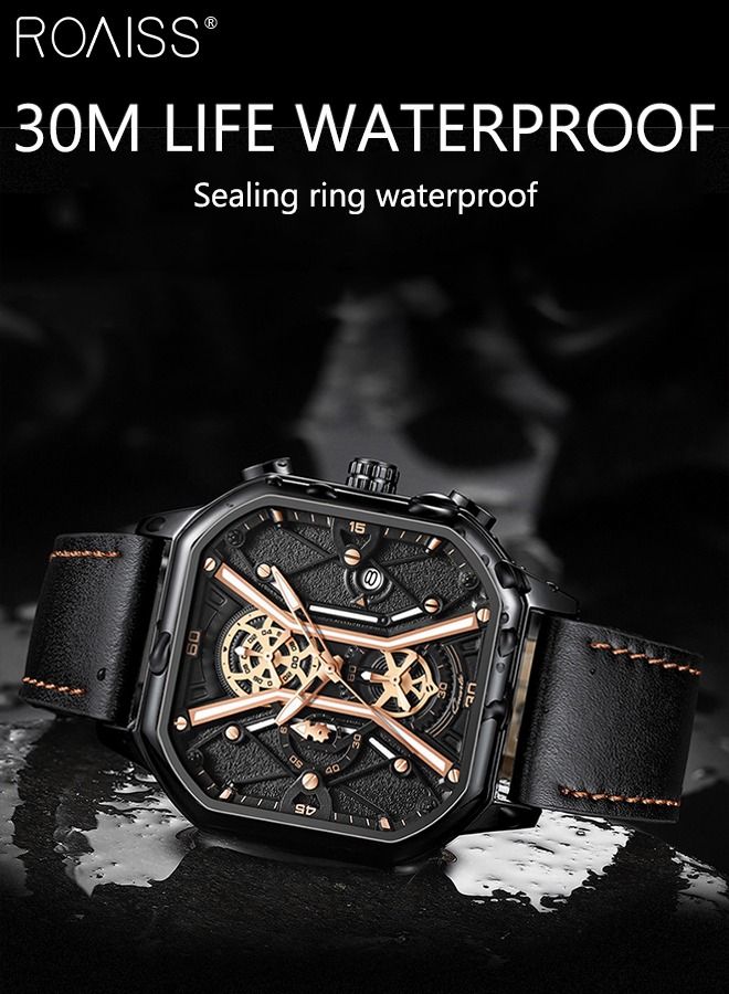 Men's Leather Strap Quartz Watch, Analog Display Square Shape Black Dial Chronograph Watch with Mechanical Hollow Design, Waterproof Luminous Watch as Gift for Men