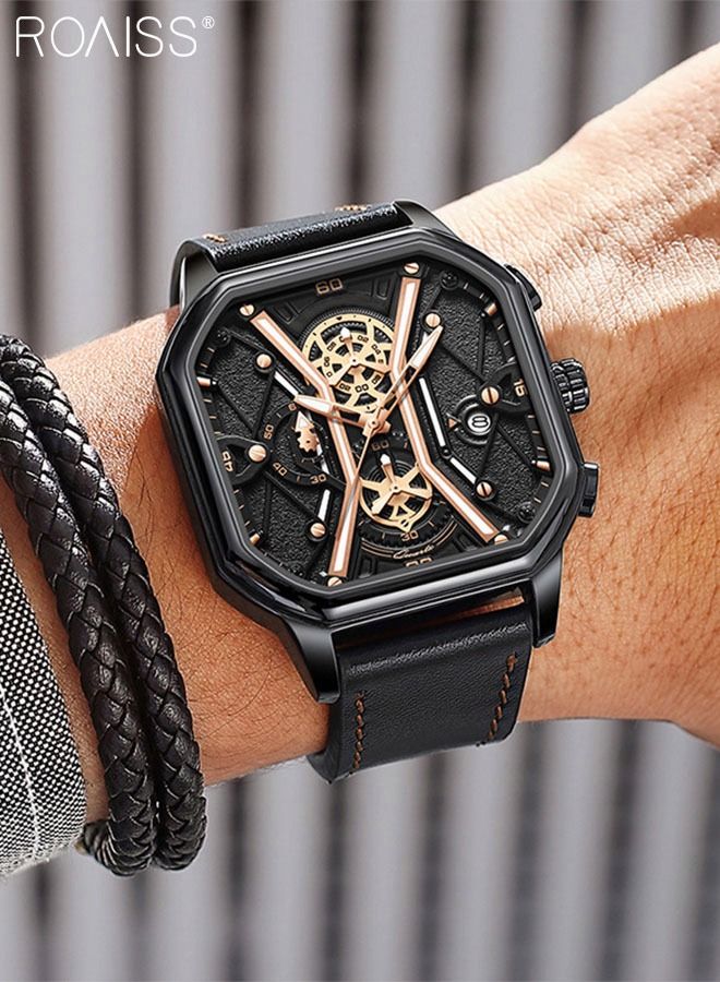 Men's Leather Strap Quartz Watch, Analog Display Square Shape Black Dial Chronograph Watch with Mechanical Hollow Design, Waterproof Luminous Watch as Gift for Men