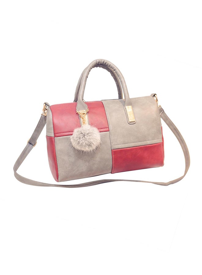 Fur Ball Décor Shoulder Bag Red/Grey