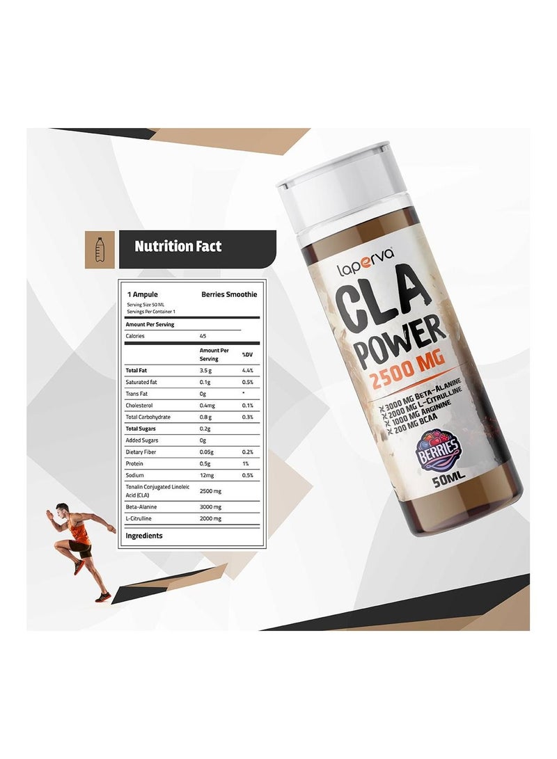 CLA Power Berries Smoothie 2500mg, 50ml x 12 Ampules - Tonalin CLA, Beta-alanine, L-Citrulline, BCAA, Taurine, Vitamins, Made in Spain