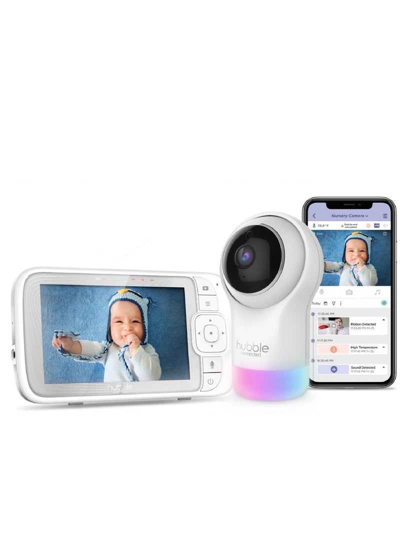 Hubble Connected Nursery Pal Glow+ - Smart Baby Monitor For Infants/Babies With Wireless Security Video Camera For Nursery - 5 Inch Full Hd Parent Unit, 2 - Way Talk, Sleep Trainer,Infrared Night Vision - White