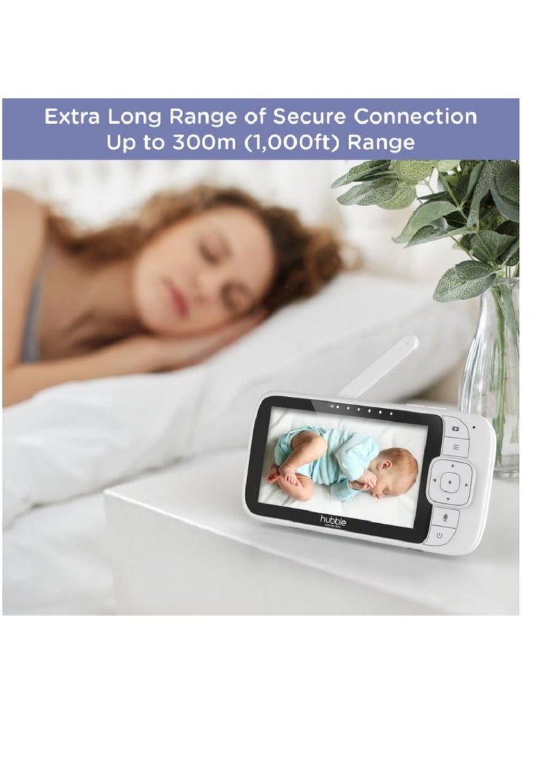 Hubble Connected Nursery View Premium - Baby Monitor For Infants / Babies - 5 Inch Diagonal Colour Screen, 2 - Way Talk, Infrared Night Vision, Secure And Private Connection, Up To 300M Range - White