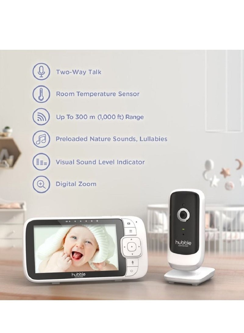 Hubble Connected Nursery View Premium - Baby Monitor For Infants / Babies - 5 Inch Diagonal Colour Screen, 2 - Way Talk, Infrared Night Vision, Secure And Private Connection, Up To 300M Range - White