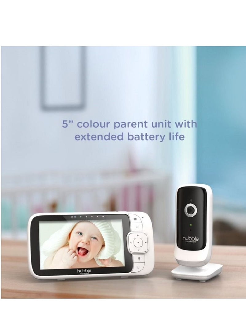 Hubble Connected Nursery View Premium - Baby Monitor For Infants / Babies - 5 Inch Diagonal Colour Screen, 2 - Way Talk, Infrared Night Vision, Secure And Private Connection, Up To 300M Range - White