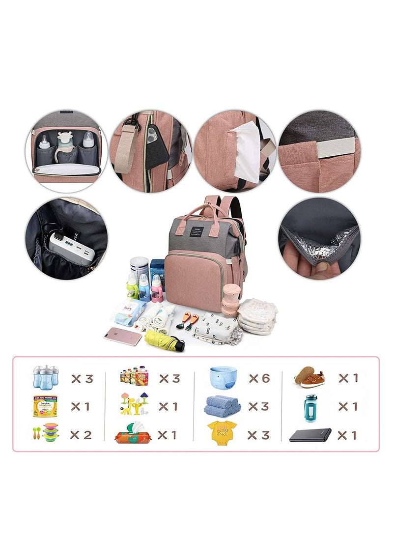 COOLBABY Diaper Bag Backpack 7 in 1 Travel Diaper Bag Mommy Bag With USB Charging Port Pink-Grey