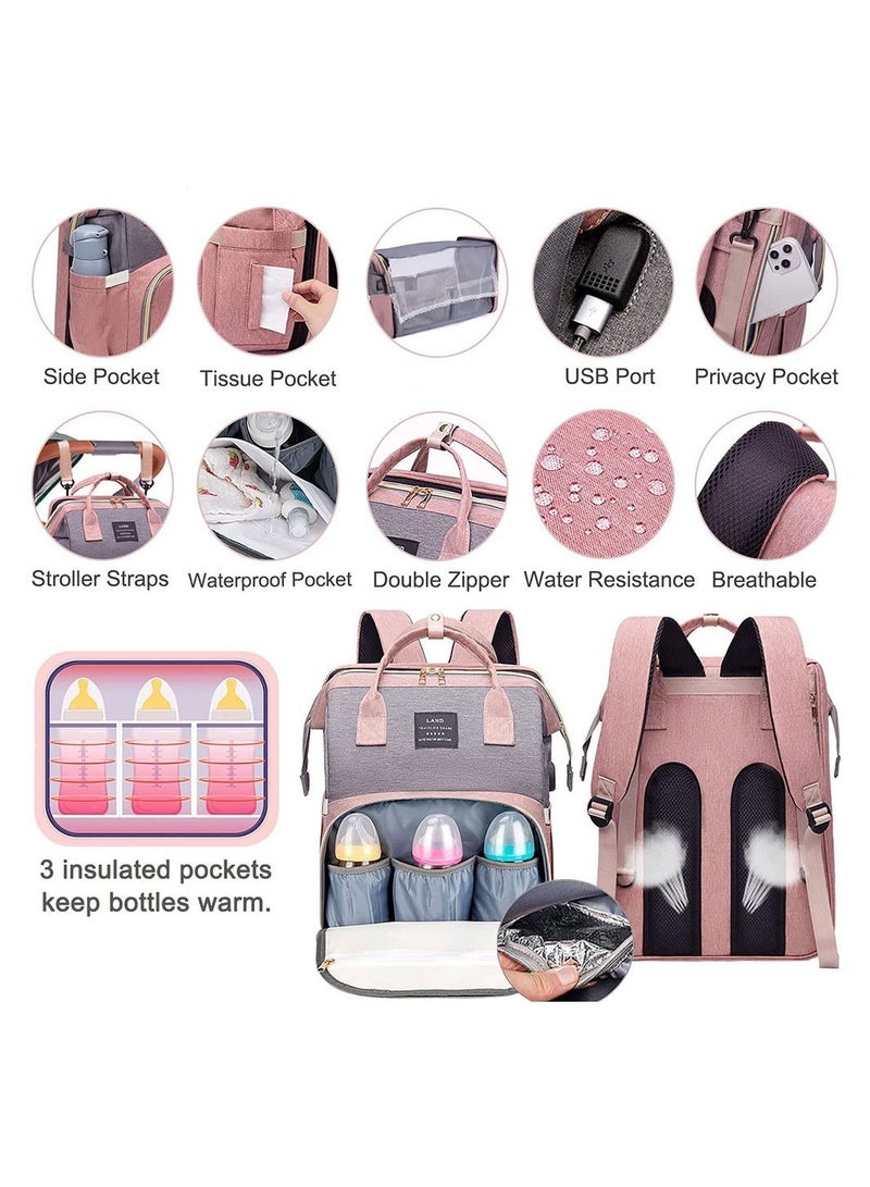 COOLBABY Diaper Bag Backpack 7 in 1 Travel Diaper Bag Mommy Bag With USB Charging Port Pink-Grey