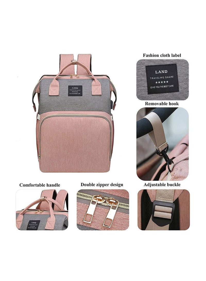 COOLBABY Diaper Bag Backpack 7 in 1 Travel Diaper Bag Mommy Bag With USB Charging Port Pink-Grey