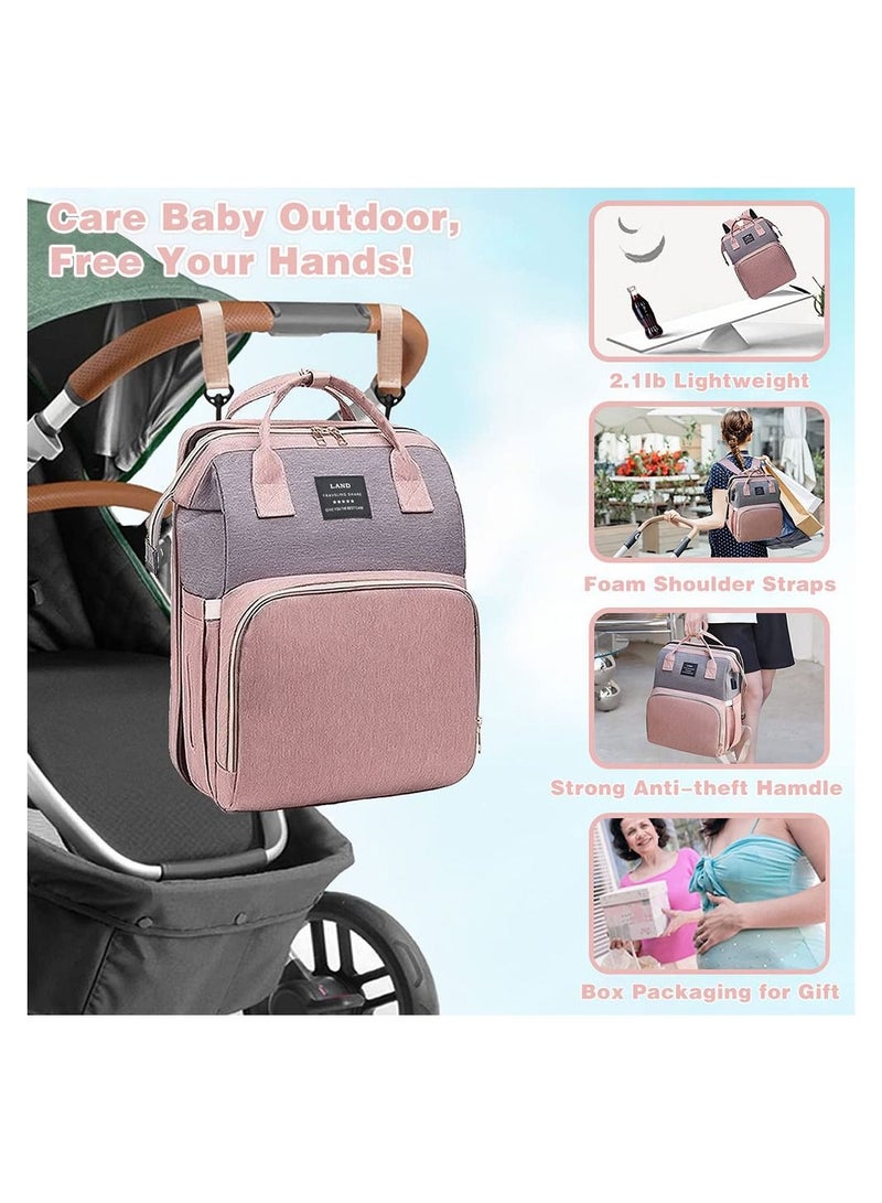 COOLBABY Diaper Bag Backpack 7 in 1 Travel Diaper Bag Mommy Bag With USB Charging Port Pink-Grey