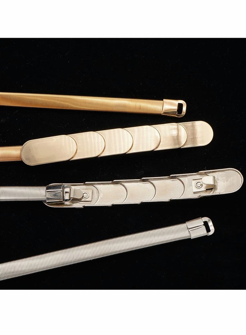 Skinny Stretch Belt for Women 2 Pieces Silver and Gold Waist Belt Thin Cinch Belts Adjustable Interlock Buckle for Dress Jeans Formal Clothing Skirts and Pants