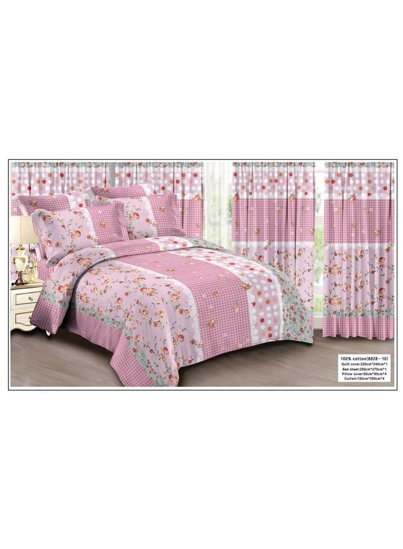 Living Room Duvet Covers Set with matching Curtains 4PCS, King Size, Pure Cotton Doll House Floral Design