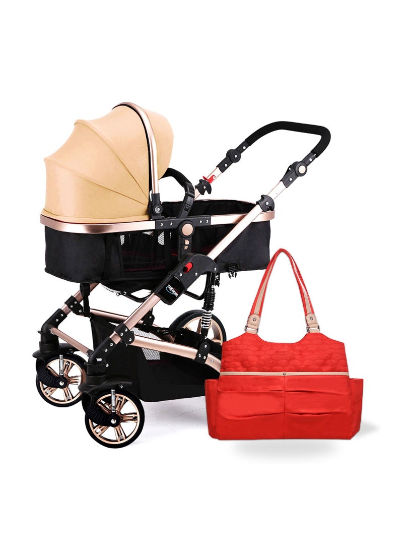 3 In 1 Pram Stroller With Sunveno Fashion Diaper Tote Bag - Khaki