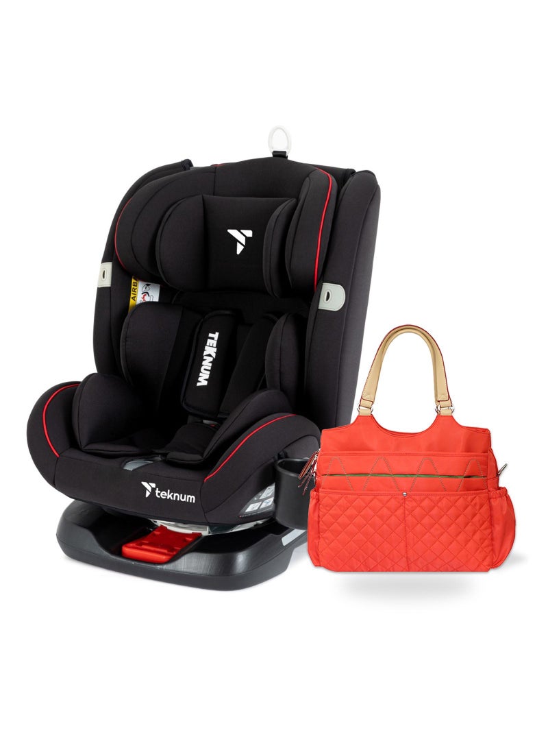 Evolve 360 Car Seat (0 - 12Yrs) With Sunveno Fashion Diaper Bag - Black