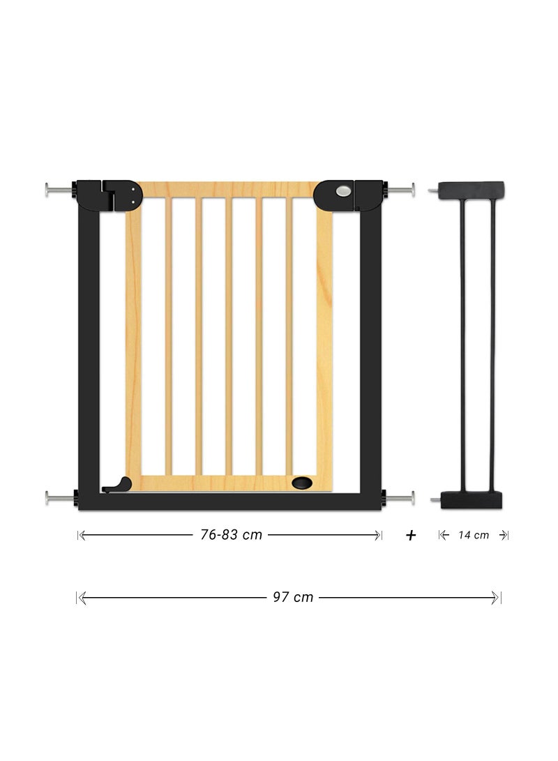 Wooden Safety Gate With 14Cm Black Extension - Natural Wood