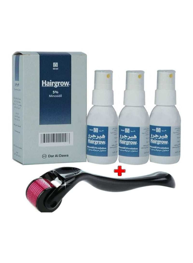 Dar Al Dawa Hairgrow 5% Minoxidil 3 Months Supply (3 Bottles x 50ml) with Derma Micro Needle Roller