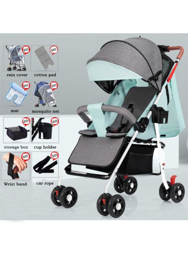 Lightweight Baby Stroller With One-click Folding, Two-way, Oversized Canopy, Removable Tray, and insect protection net, suitable for infants from 0 to 36 months, Adjustable Canopy, and Trolley Handle for Easy Air Travel, Stroller With 5-Point Safety Belt etc., - Blue