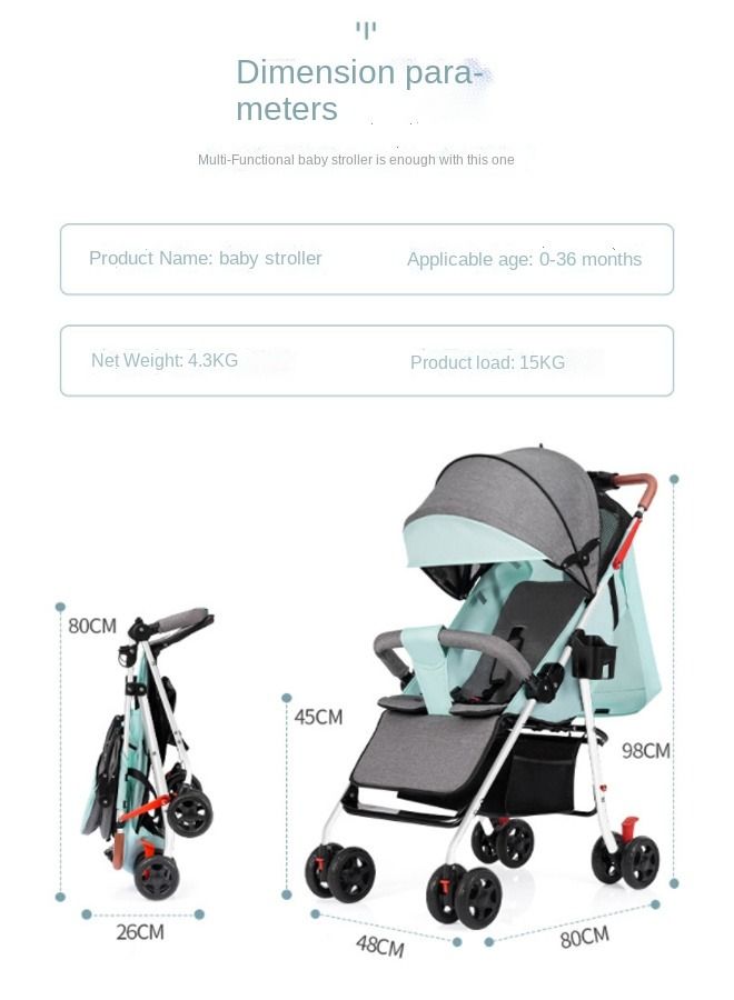 Lightweight Baby Stroller With One-click Folding, Two-way, Oversized Canopy, Removable Tray, and insect protection net, suitable for infants from 0 to 36 months, Adjustable Canopy, and Trolley Handle for Easy Air Travel, Stroller With 5-Point Safety Belt etc., - Blue