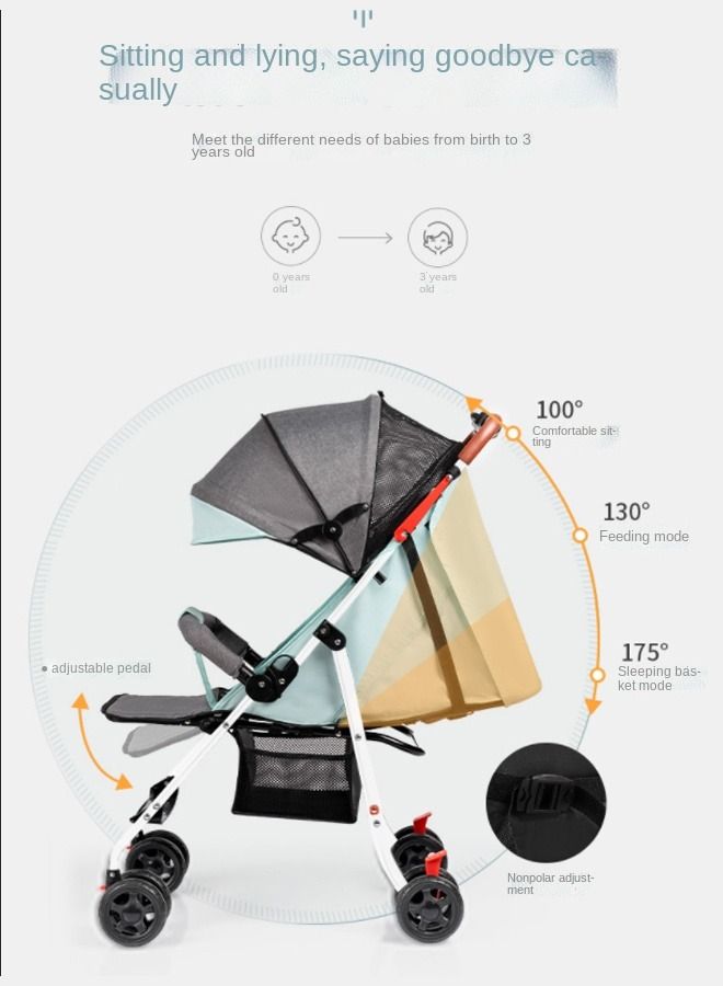 Lightweight Baby Stroller With One-click Folding, Two-way, Oversized Canopy, Removable Tray, and insect protection net, suitable for infants from 0 to 36 months, Adjustable Canopy, and Trolley Handle for Easy Air Travel, Stroller With 5-Point Safety Belt etc., - Blue