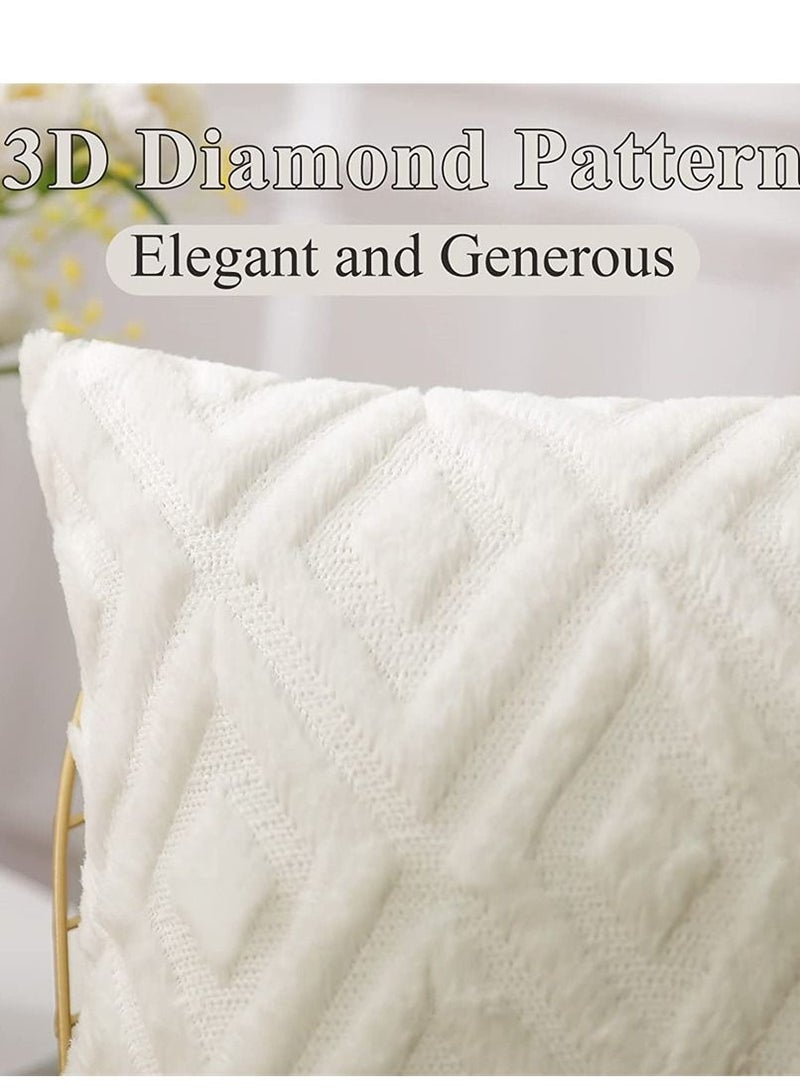Soft Faux Fur Throw Pillow Covers, 16 x 16 Inch Plush Short Wool Velvet Decorative Pillow Covers, Couch Sofa Pillow Covers for Living Room with 3D Diamond Pattern (Set of 2, Cream White)