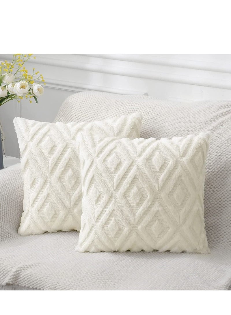 Soft Faux Fur Throw Pillow Covers, 16 x 16 Inch Plush Short Wool Velvet Decorative Pillow Covers, Couch Sofa Pillow Covers for Living Room with 3D Diamond Pattern (Set of 2, Cream White)