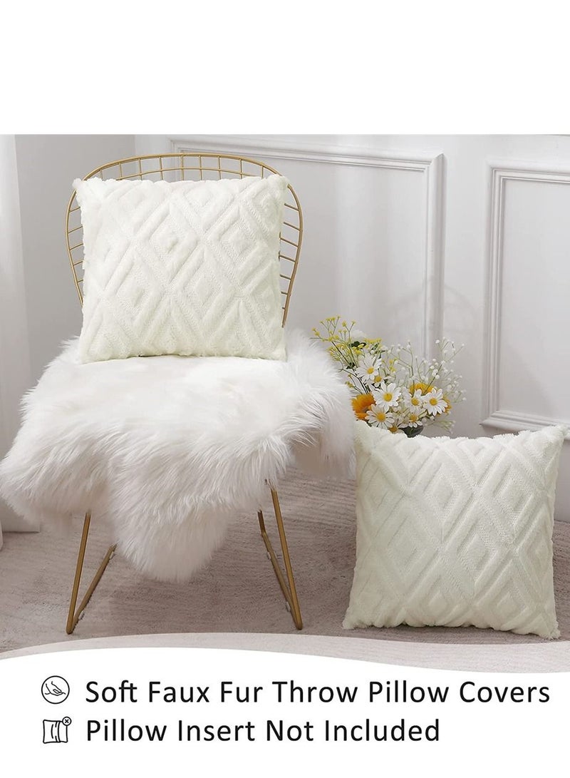 Soft Faux Fur Throw Pillow Covers, 16 x 16 Inch Plush Short Wool Velvet Decorative Pillow Covers, Couch Sofa Pillow Covers for Living Room with 3D Diamond Pattern (Set of 2, Cream White)