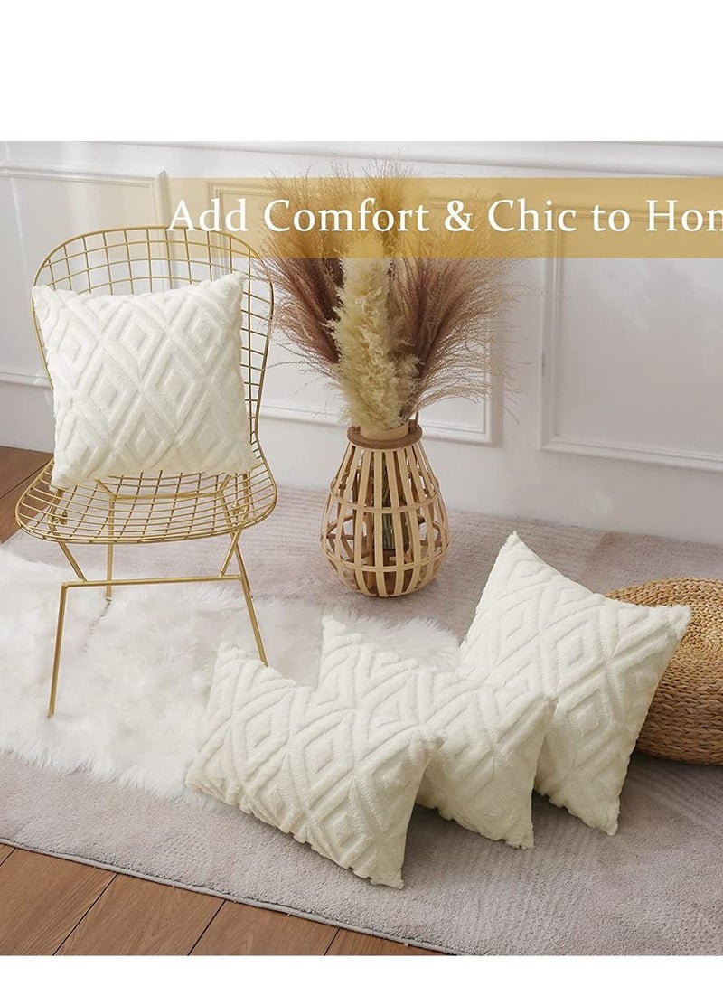Soft Faux Fur Throw Pillow Covers, 16 x 16 Inch Plush Short Wool Velvet Decorative Pillow Covers, Couch Sofa Pillow Covers for Living Room with 3D Diamond Pattern (Set of 2, Cream White)