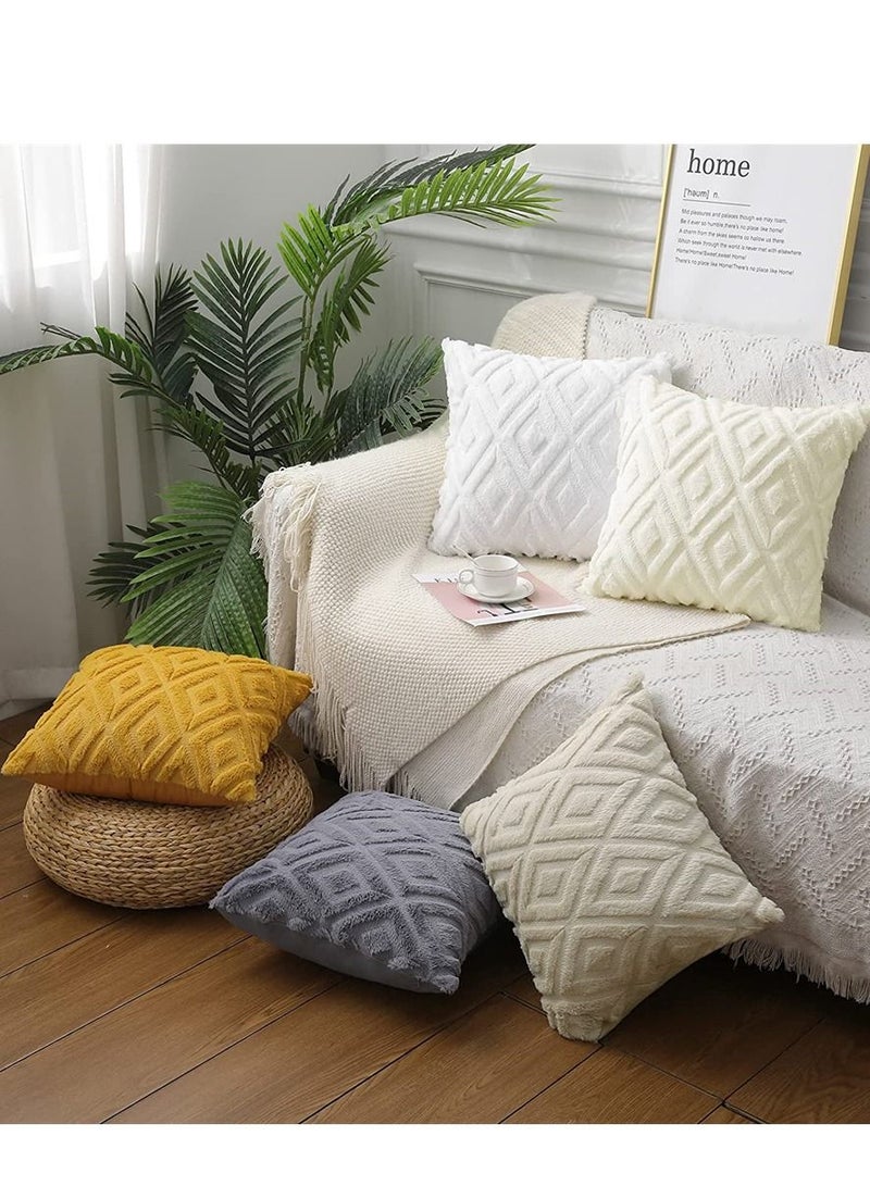 Soft Faux Fur Throw Pillow Covers, 16 x 16 Inch Plush Short Wool Velvet Decorative Pillow Covers, Couch Sofa Pillow Covers for Living Room with 3D Diamond Pattern (Set of 2, Cream White)