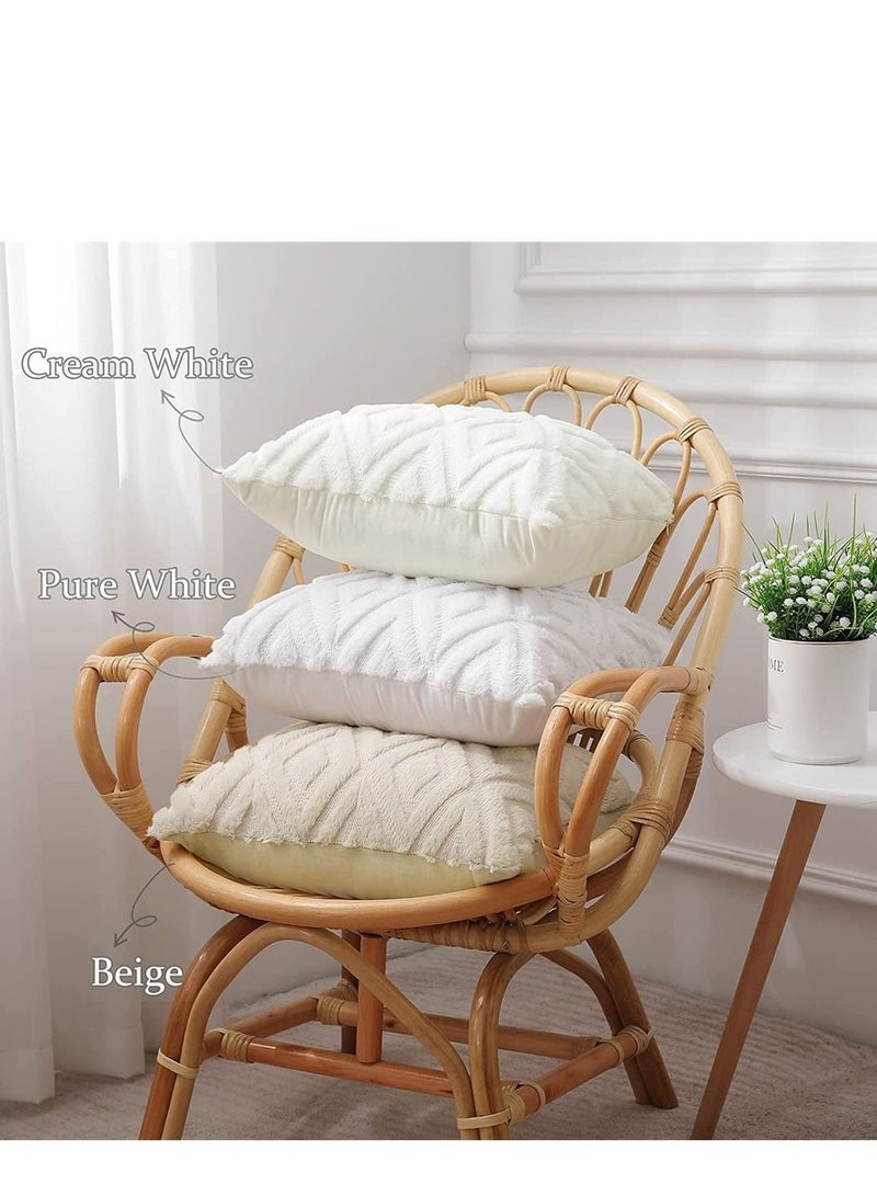 Soft Faux Fur Throw Pillow Covers, 16 x 16 Inch Plush Short Wool Velvet Decorative Pillow Covers, Couch Sofa Pillow Covers for Living Room with 3D Diamond Pattern (Set of 2, Cream White)