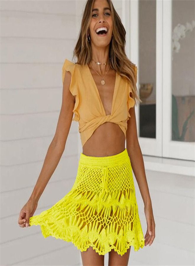 Solid Crochet Cut-Out Beach Skirt Yellow